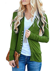 Traleubie Women's Long Sleeve V-Neck Button Down Knit Open Front Cardigan Sweater Olive M