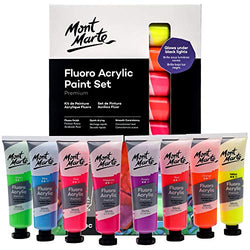 Mont Marte Fluoro Acrylic Paint Set, 8 x 1.02oz (36ml) Tubes, 8 Colors, Suitable for Most Surfaces Including Canvas, Card, Paper and Wood
