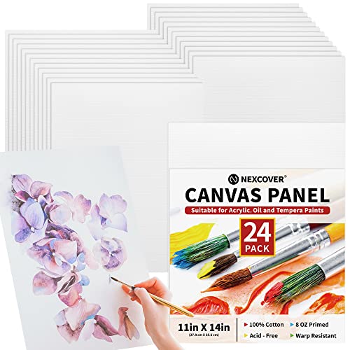 NEXCOVER Painting Canvas Panels - 24 Pack 11x14 Inch, 100% Cotton, Triple Primed, Large Blank White Canvases,MDF Board, Acid-Free,Non-Toxic,Artist Canvas Board for Acrylic, Oil, Tempera, Gouache Paint