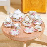 Dollhouse Accessories, 1/6 1/12 Miniature, 11pcs Dining Ware Porcelain Tea Cup Set with Golden Trim Floral Pattern Home Decoration Kitchen Chic Style Kit