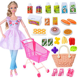 UZIDBTO 11.5 Inch Doll Clothes and Accessories Supermarket Shopping Playset, Doll Cart Bag Food Sets for 6-12 Girls