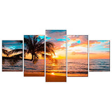 Abstract Ocean Photo Painting Poster Printed Abstract Landscape Blue Sky Screen Beautiful Ocean Beach Wall Art Canvas Print Framed Picture Painting for Room Home Decorations (C-5pcs,80"x40")