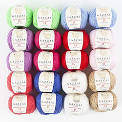 20 Skein Gazzal Baby Cotton, Assorted Mini Color Balls, 60% Cotton 40% Acrylic, Each Skein: 25 Grams (0.88 oz) / 82 Meters (89 Yards), Yarn Weight: 2 : Fine-Sport