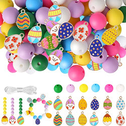 Xzyden Silicone Beads, 84pcs Easter Beads, 12mm Silicone Beads Bulk with Easter Charms for Easter Basket Stuffers Small Beads with Lanyard for Keychain Making Jewelry Making Easter Holiday Decor