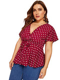 Romwe Womens Plus Size Polka Dots Knot Front Deep V Neck Short Sleeve Blouse Tops Red 2X Plus