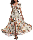 1stvital Women's Floral Maxi Dresses Boho Summer Beach Dress Short Sleeve Button Up Split Party Dress, M