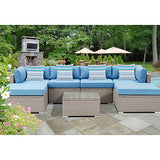 SUNBURY Outdoor Sectional 7-Piece Wicker Sofa in Pearl Gray, w 4 Stripe Pillows, Denim Blue Cushions Elegant Patio Furniture Chair and Table Set for Backyard Garden Porch