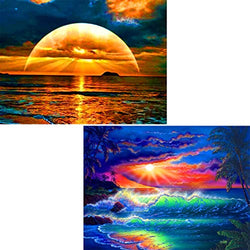 GIEAAO 5D Diamond Painting Kit Sunset Ocean Sea, Paint with Diamonds Art Oil Painting, Paint by Numbers Sun Beach Full Drill Round Rhinestone Craft Canvas for Home Wall Decor 12x16 inch (2 Pack)