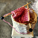 Miniature knitting basket with lid and supplies – yarn and needles in scale 1:6 by Lenas dolls world