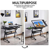 Topeakmart Height Adjustable Drafting Desk Artist Drawing Table Tilted Tabletop Art Desk Work Station w/2 Storage Drawers and Stool for Home Office