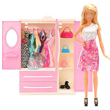 Miunana Lot 36pcs Fashion Doll Closet Wardrobe Doll Clothes and Accessories Set with 1 Pink Wardrobe + 5 Fixed Skirts + 10 Radom Shoes + 10 Hangers + 10 Radom Bags for 11.5 inch Girl Doll