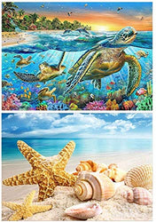 2 Pack Framed Paintings 5D DIY Diamond Painting Full Drill Paint with Diamonds for Home Wall Decor by Number Kits, Sea Turtle and Starfish Seashell (12X16inch)