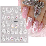 8 Sheets 5D Flower Nail Art Stickers Embossed Flowers Nail Decals Self Adhesive Nail Art Supplies Spring Summer Nail Art Decorations Cute White Floral Nail Stickers French Nail Designs for Women