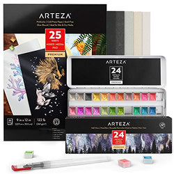 Arteza Metallic Watercolor Paint Art Set, Bundle of 24 Half-Pans, Water Brush Pen & Colored Watercolor Pad (25 Sheets, 5 Shades of Toned Watercolor Paper), Art Supplies for Watercolor