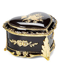 Black & Gold Heart Shaped Musical Jewelry Box playing Waltz of the Flowers