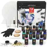 Arteza Acrylic Pouring Paint Kit, 14 Glossy Colors — 8 Pastel & Bright, 3 Iridescent, 3 Metallic, 2 x Stretched Canvas, 2 Wooden Slices, Glitter, and Paint Pouring Accessories for Arts and Crafts