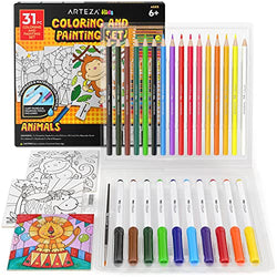 Arteza Kids Animals Coloring Kit, 3 Canvas Panels, 4 x 4 in, 10 Markers, 16 Watercolor Pencils, 1 Paint Brush, 1 Sharpener, Kids Activities for Ages 6 and Up