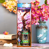 Book Nook Kit DIY 3D Wooden Puzzles Dollhouse Bookshelf Insert Diorama Decor Alley Cherry Blooming Season Personalized Assembled Bookends Build-Creativity Kit with Sensor Lights for Teens and Adults