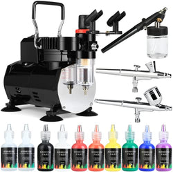 Airbrush Kit with Compressor, 1/5hp Air Compressor, Dual Action Airbrush, 8 Paints, 3 Airbrush Guns, for Painting for Decorating,Model,Shoes,Nails