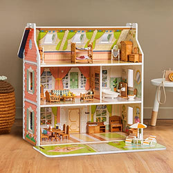 ROBOTIME Doll House 3 in 1 Wooden Dollhouse Dreamhouse for Kids Toddler 3 4 5 6 Years Old, Dollhouse with DIY Furniture/ 40+PCS Accessories, Present Gift for Girl Ages 3+(Antique Style)
