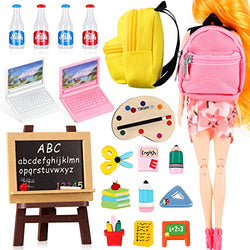 20 Pieces Doll School Supplies Dollhouse Mini Doll School Playset with Laptop Mini Doll Backpack Blackboard Miniature Books Palette Simulation Milk Bottle Ruler Pencil Toys for Doll Accessories Set