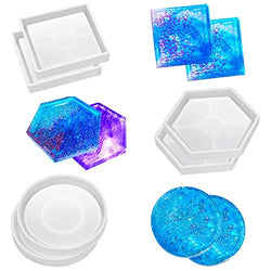 SunBeter 6 Pack DIY Coaster Silicone Mould Epoxy Casting Molds, Include Round, Square, Hexagon for Casting with Resin, Concrete, Cement, Home Decoration.