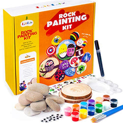 BOKIN Rock Painting Kit,River Stones/Palette/ Round Wood/Transfer Stickers/Acrylic Pen/Brushes Arts Crafts Supplies for Kids and Adults,Mandala Rock Painting,Hide and Seek Gift