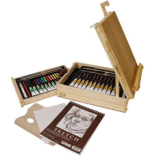 US Art Supply 62-Piece Wood Box Easel Painting Set- Including Box Easel, 12-tubes of Acrylic