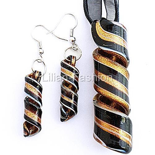 Gold Black Swirl Handmade Lampwork Glass Murano Pendant Necklace Earrings Set