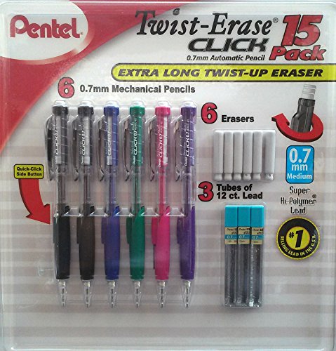 Pentel Twist-Erase Click Contains (6) 0.7mm Automatic Pencils, (6) Extra Long Eraser Refills &