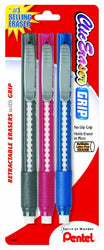 Pentel Clic Retractable Eraser with Grip, Assorted Barrels, 3 Pack (ZE21BP3M)