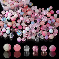 Jmzothie105pcs Glass Beads，Multi-Colour Polished Round Beads Loose Beads Crystal Beads Bracelets Beads for Jewelry Making Earring, Necklaces, and DIY Crafts(Pink)