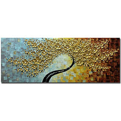 V-inspire Art, 24x64 Inch Modern Abstract Hand-Painted Art Fortune Tree Golden Wall Art Canvas Paintings Wooden Frame Support Wall Hanging Painting Wall Painting Art Living room Bedroom Wall Decoratio