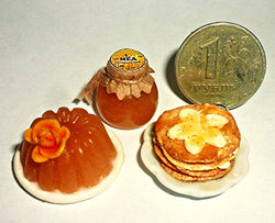 Honeymoon kit. Pudding, pancakes with bananas, honey. Dollhouse miniature 1:12