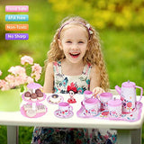 vivianan Little Girls Tea Party Set - 38 Princess Tea Party Toys Including Teapot Tray, Dessert Tower, Cookie Cake & Super Cute Dolls, Girl Gifts for 3 4 5 6 Years Old