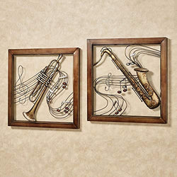 Touch of Class Musical Harmony Wall Art Set of Two - Metal - Bronze, Gold, Silver, Copper - Music Notes Artwork for Bedroom, Living Room, Studio, Office - Trumpet, Saxophone Instruments