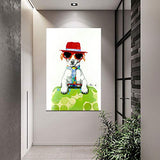 Bignut Wall Art 100% Hand Painted Red Hat Dog Modern Vertical Picture for Room Wall Decor Funny Animal Artwork Cool Home Canvas Oil Painting Ready to Hang 24x36in