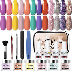 REDNEE 12+10 Dipping Powder Nail Starter Kit 12 Colors 10 Tools No Nail Lamp Needed Portable Kit for Travel - RE09 Rainbow Color