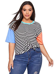 Romwe Women's Plus Colorblock Summer Contrast Neck and Sleeve Casual Striped Tee T-Shirt Top Blue Orange Plus 3X-Large Plus