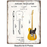 Guitar Wall Art - Iconic Vintage Gibson, Fender, Les Paul, Stratocaster, Telecaster, Flying V Patent Print Poster Set - Gift for Music Fan, Musician, Guitar Player, Men - Room Decor for Teens Bedroom