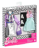 Barbie Fashions 2-Pack Clothing Set, 2 Outfits Doll Include Iridescent Sweatshirt, Silvery Metallic Skirt, Gingham Dress & 2 Accessories, for Kids 3 to 8 Years Old