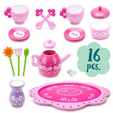 Imagination Generation Pink Blossoms Tea Time Set for Two – Wood Eats! Tea Party Playset with Tea Cups, Kettles, Saucers, Spoons, Flowers, & Floral Tray – Play Food Accessories (16pcs.)