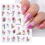 Flower Nail Art Stickers Watercolor Spring Nail Decals Pink Purple Floral Leaf Design Nail Foils Stickers for Acrylic Nail Art Spring Summer Nail Art Decorations for Women DIY Nail Accessories