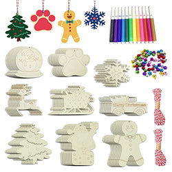 Wooden Christmas Ornaments, 176 PCS Unfinished Predrilled Wood Ornaments Set with 72 Blank Wood Slices in 9 Styles, 90 Bells and 12 Color Pens for Kids DIY Crafts and Christmas Hanging Decoration, B