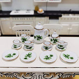 15 Pcs Dollhouse Tea Cup Set 1:12 Scale Porcelain Tea Cup Set Cherry/Leaves Pattern Exquisite Miniature Tableware Set Pretend Play Toys Dollhouse Decoration Ornaments Accessories Gifts (Leaves)