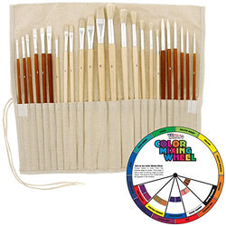 24pc Oil & Acrylic Paint Long Handle Artist Paint Brush Set with FREE Canvas Roll-Up & Color Mixing