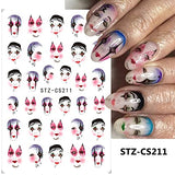 ZJHGDR 6Sheets Funny Nail Art Stickers Decals, Cartoon Clown Nail Decals 3D Self Adhesive Nail Art Supplies Scary Smiling Face Flame Nail Designs Masquerade Nail Art Decorations for Women Girls