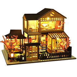 Dollhouse Miniature with Furniture, DIY Wooden Doll House Kit Japanese Style Retro Villa Plus Dust Cover and Music Movement, 1:24 Scale Creative Room Idea Best Gift for Children Friend Lover TB23