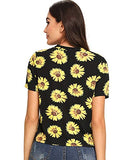 Romwe Women's Floral Print Short Sleeve Tie Front Knot Casual Loose Crop Tee T-Shirt Yellow XS