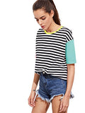 Romwe Women's Colorblock Summer Contrast Neck and Sleeve Casual Striped Tee T-shirt Top pink green Large